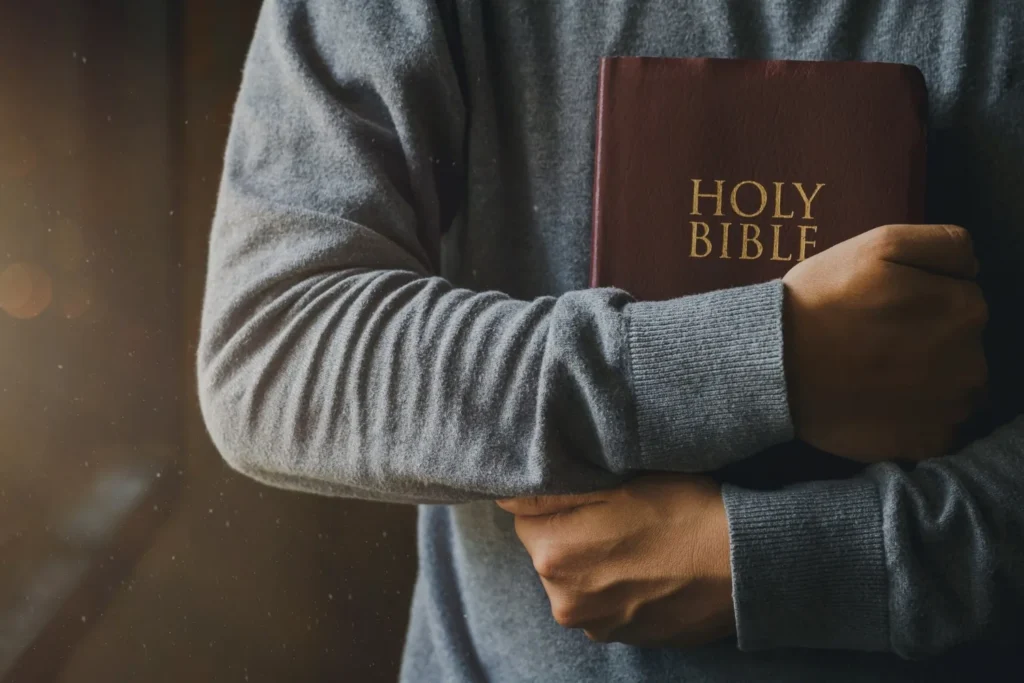 Person in a gray sweater holds a brown Holy Bible close to their chest in front of them.